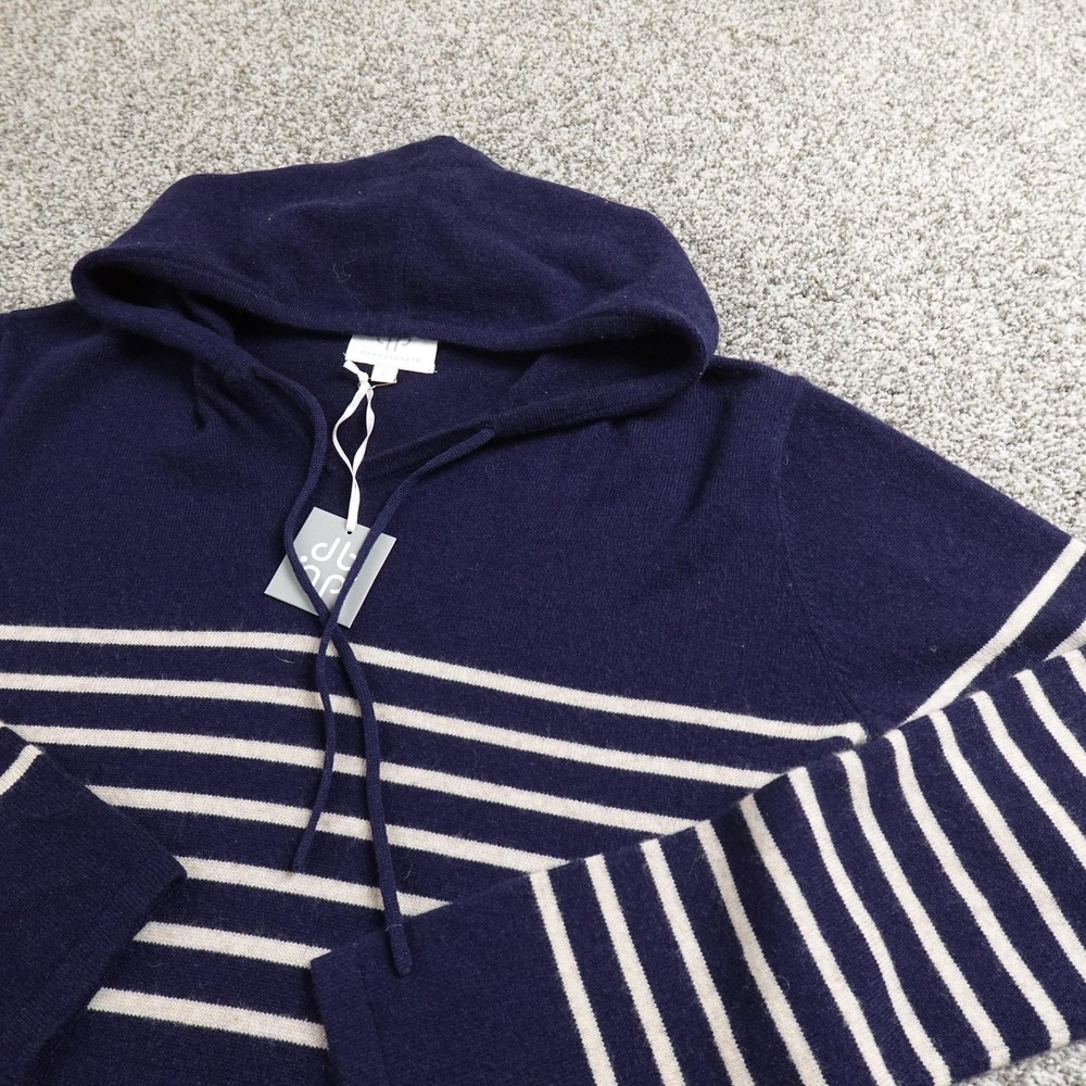 NEW Pomegranate Sweater Womens L Blue Stripe Hooded Merino Cashmere Pullover